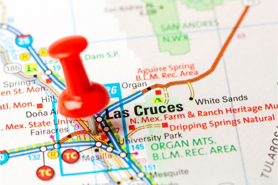 Map with a pin in it over Las Cruces