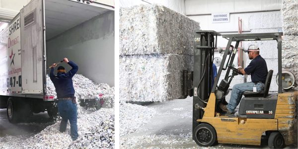 Employees dumping shredded paper at secure facility