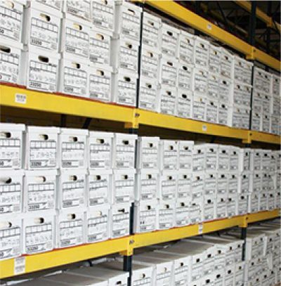 Shelves full of document storage boxes